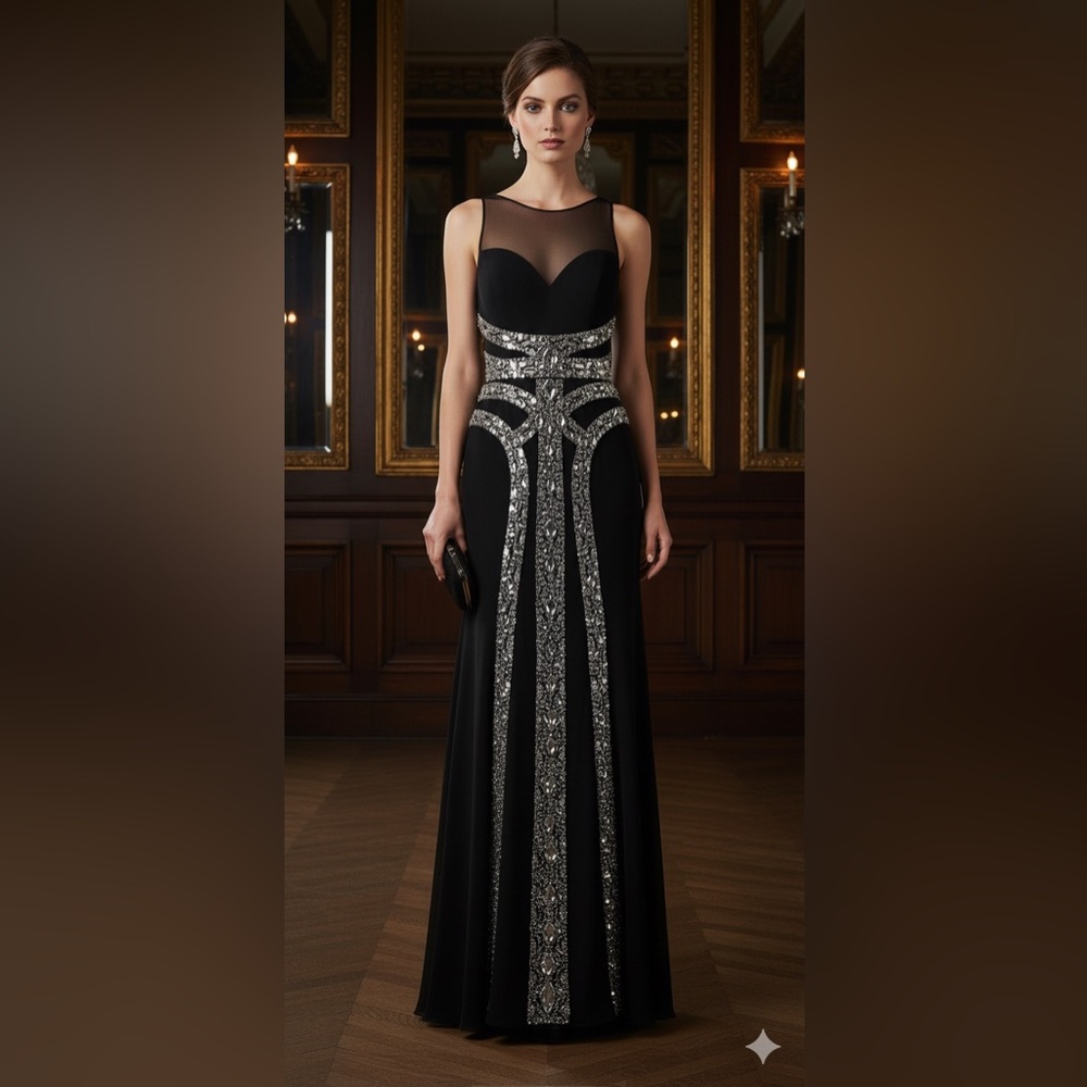 Rachel Allan Beaded Sequin Illusion Prom Pageant Dress Black‎ Size 10